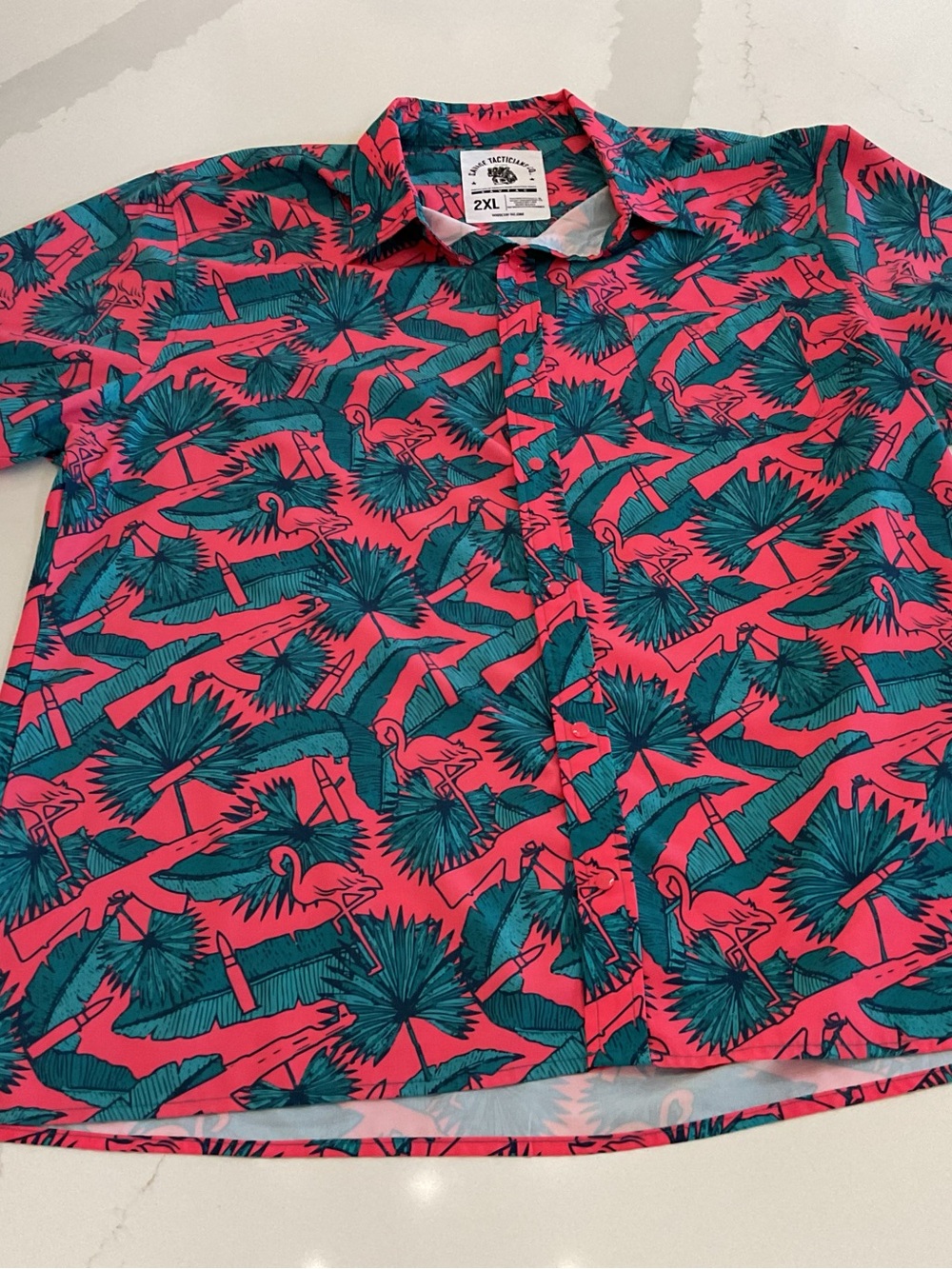2XL Savage Tacticians Hot Pink & Teal Flamingo Print Short Sleeve Shirt